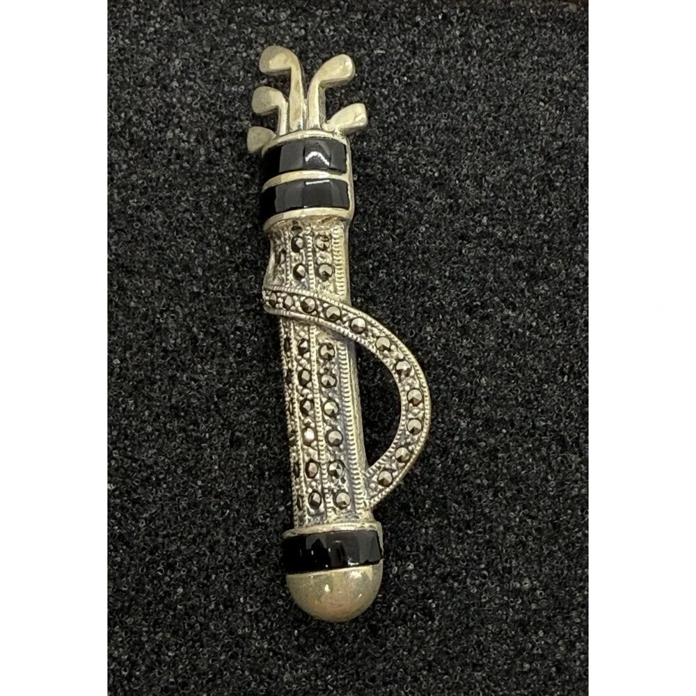 Sterling Silver‎ Marcasite And Black Enamel Golf Bag Brooch Rare Signed 925 KE